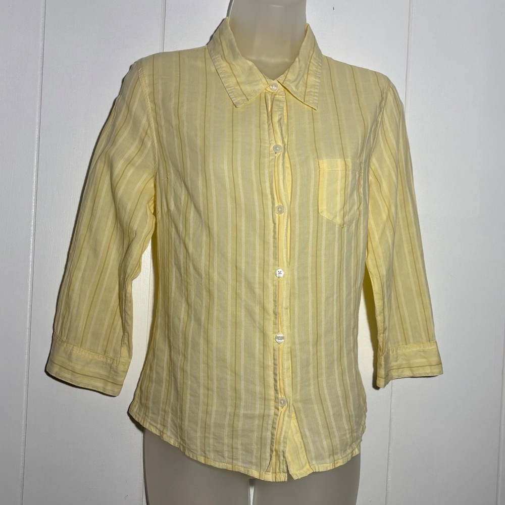 Y2K Old Navy Tiny Fit Yellow Striped Cotton Button Down Shirt Medium 3/4 Sleeve